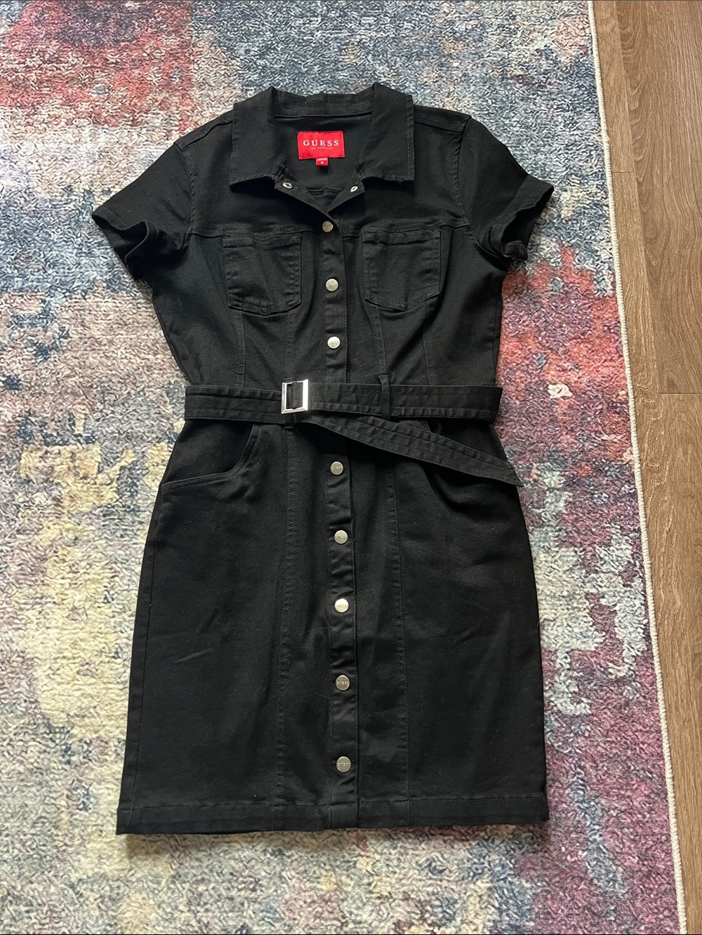 GUESS Black Short-Sleeve Button-Front Belted Dress